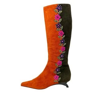 Vintage Moschino Cheap and Chic Suede Embroidered Boots 37.5 Made in‎ Italy